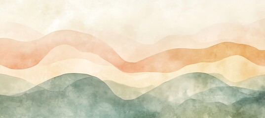 Watercolor painting of layered mountains with soft hues of green peach and cream in a landscape scene empty template
