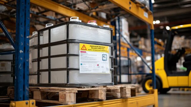 Industrial storage of flammable liquids with clear safety signage and an emergency eyewash station.