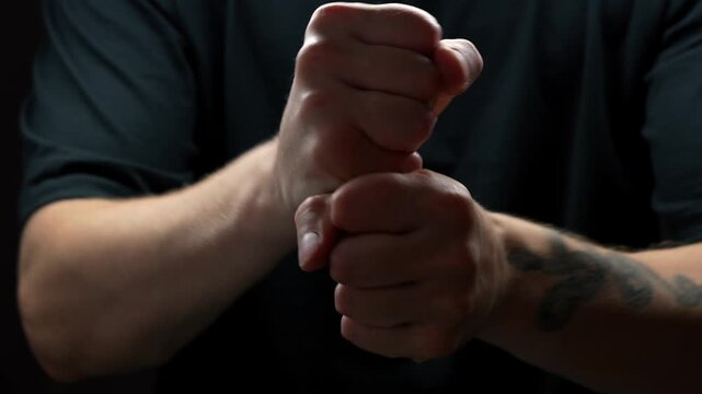 Choking gesture with hands on black background.
Evil and creepy hand gesture.
Man shows that he is ready to choke someone out of anger.
Choking and conflict