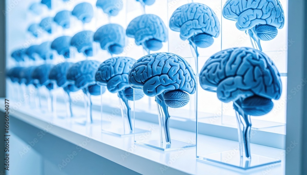 Poster a display of multiple blue brain models mounted on transparent stands, arranged in rows under bright