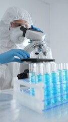 Scientific researcher wearing protective gear adjusting microscope, analyzing lab samples with...