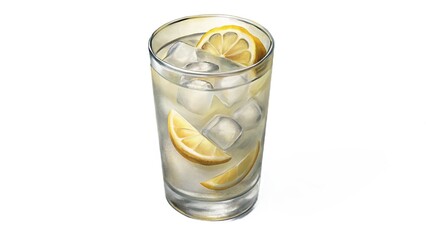 Refreshing Cold Lemonade Beverage with Ice Cubes and Lemon Slices in a Tall Glass