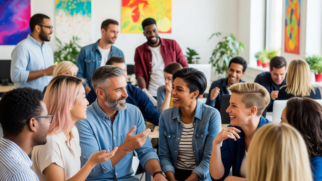 Large group of diverse office staff gathering for a friendly moment in a bright modern workspace