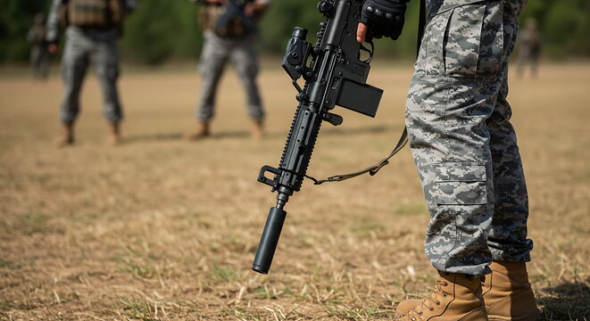 Soldier with assault rifle stands guard on a dry grassy field