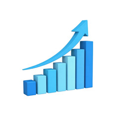 Blue 3d bar graph with upward arrow indicating positive growth on a black background design