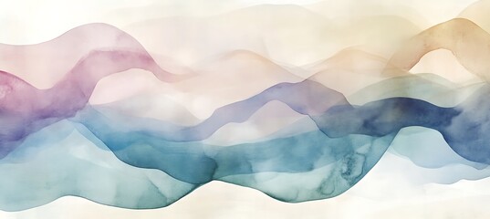 Abstract watercolor painting featuring layered waves in pastel shades of blue pink and yellow empty template