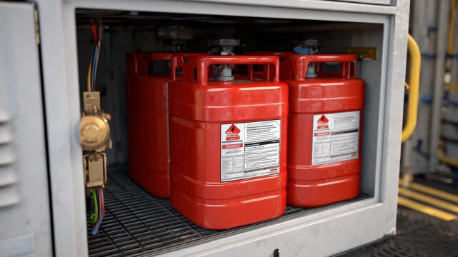 Explore a secure storage solution for flammable solvents featuring bright red hazard diamonds, grounding wires, and ventilation ports in an explosion-proof chemical cabinet.
