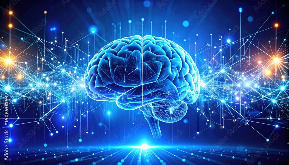 Poster a glowing digital brain surrounded by interconnected nodes and lines, symbolizing neural networks, a