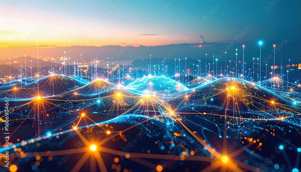 Poster a futuristic digital landscape with glowing nodes and interconnected lines illuminating a network at