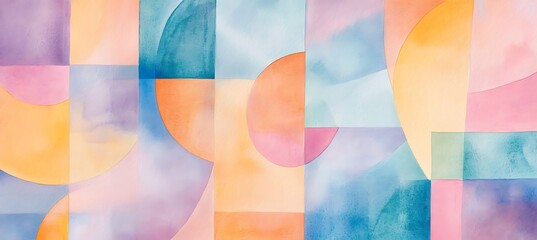 Abstract watercolor painting featuring geometric shapes and pastel color palette design art empty template