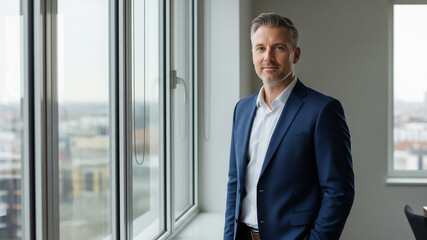 White businessman reflecting beside a large sunlit window in a calm and elegant office