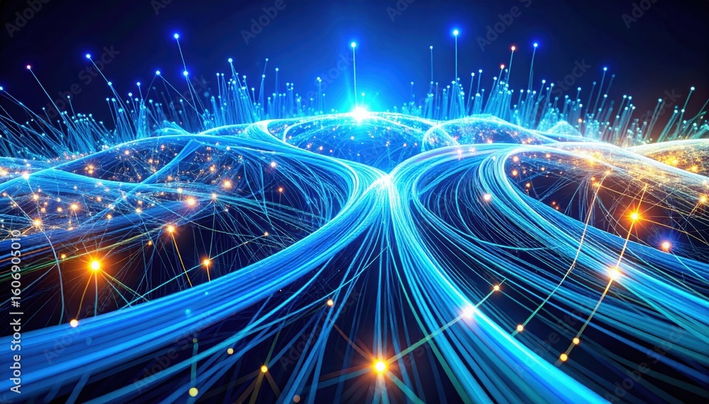Poster a dynamic digital illustration depicting interconnected blue fiber optic cables with glowing points 
