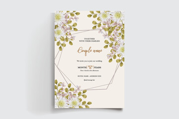 WEDDING INVITATION FRAME WITH FLOWER DECORATIONS AND FRESH LEAVES