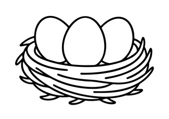 nest with eggs outline icon line art, black and white doodle style. Ideal for logo, tattoo, app, coloring book, web design, infographics, banner, poster, and more. Vector illustration