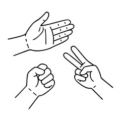 Rock Paper Scissors hands palying outline icon line art, black and white doodle style. Ideal for logo, tattoo, app, coloring book, web design, infographics, banner, poster. Vector illustration