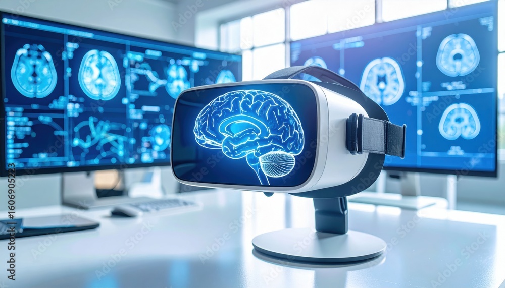 Poster a virtual reality headset displaying a digital brain model, set against multiple monitors showing de