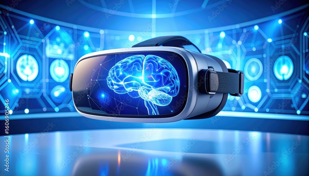 Poster vr headset displaying a digital brain, set against a futuristic, blue-toned tech background symboliz