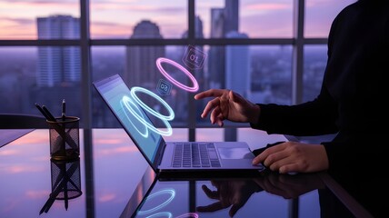Businessman interacting with futuristic digital interface on laptop in modern office