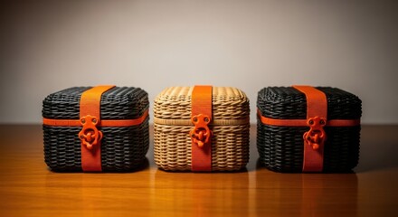 Three woven baskets with orange ribbon ties on wooden surface