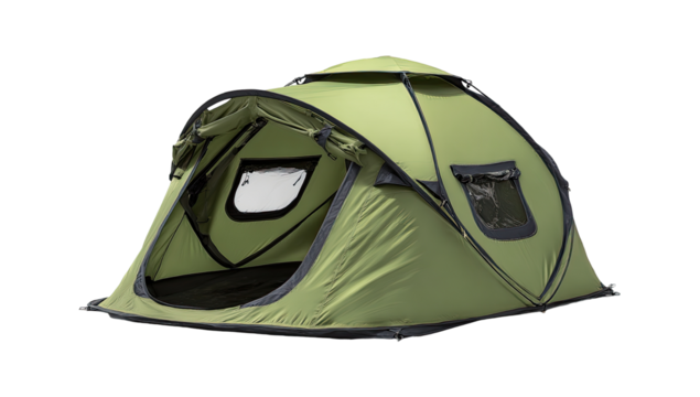 Olive green pop-up tent, compact design, featuring a small window and door