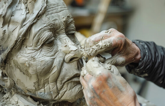 Close up of a sculptor working on a clay statue of an elderly woman in his workshop, the hands of the craftsman shaping the face, the sculpture in the making