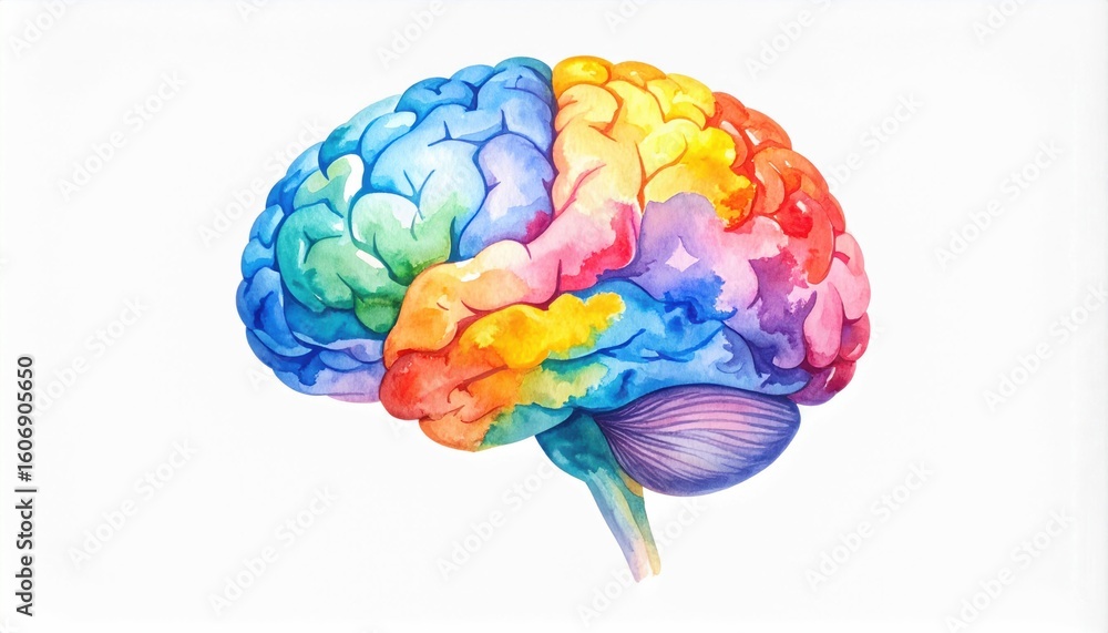 Poster colorful artistic illustration of a human brain displaying distinct sections with vibrant colors rep