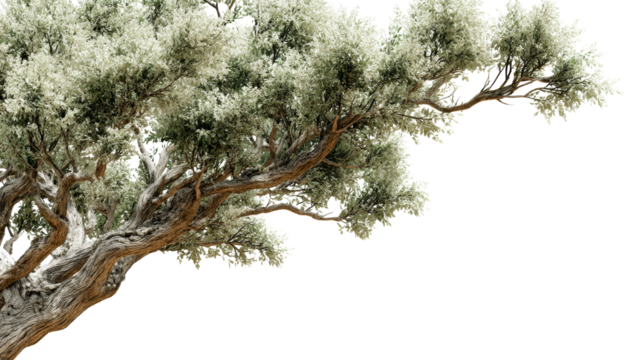 Olive branch with detailed bark and leaves on clear backdrop