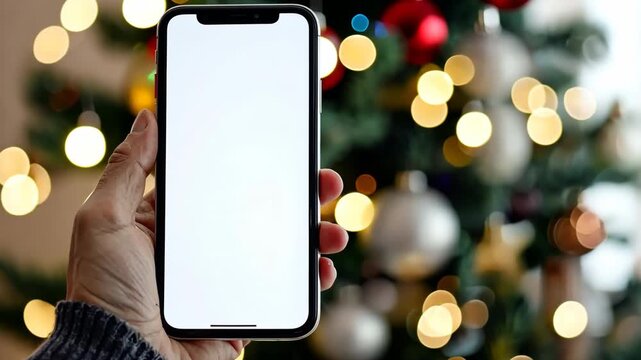 Close up black smartphone with blank screen in woman hand. Digital phone mock up. Christmas online shopping. Mobile phone with empty screen on background of Christmas tree lights. Tablet. Copy space