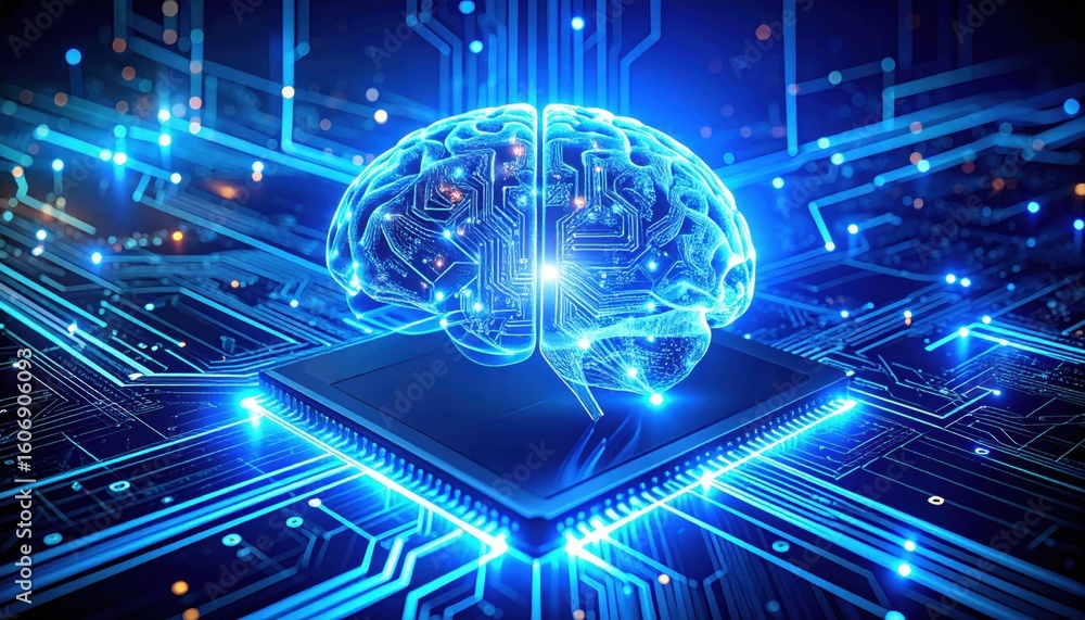 Aufkleber a glowing digital brain hovers above a circuit board, symbolizing artificial intelligence and advanc