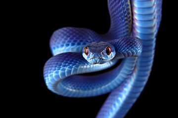 Fototapeta premium Close up of a striking blue viper snake coiled against a dark background