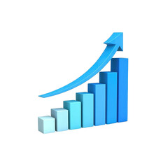 Blue bar graph with upward moving arrow indicating positive growth on black background image