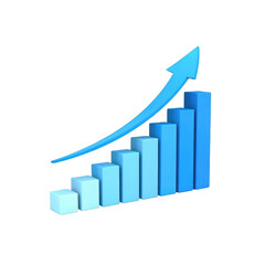 Blue bar graph with upward arrow indicating growth on a black background in 3D perspective view