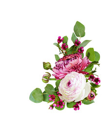 Ranunculus, waxflowers abd eucalyptus leaves in a floral corner arrangement isolated on white or transparent background