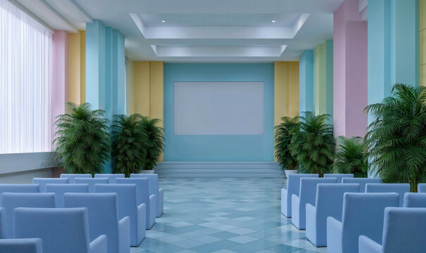 Virtual Reality Classroom With Chairs And Presentation Screen In Colorful Minimalist Room Interior