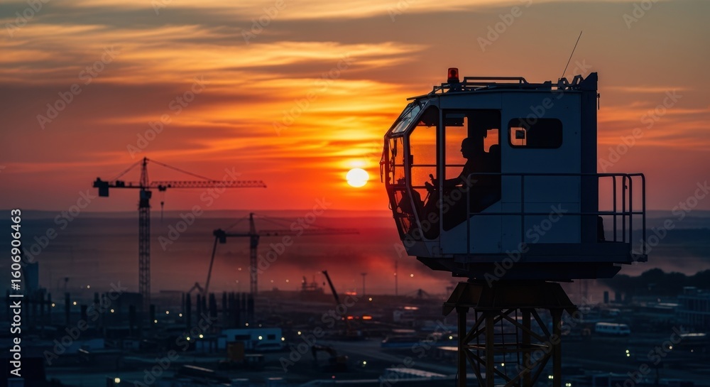 Poster crane operator cabin viewed from a distance at a busy site with setting sun backdrop