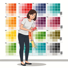 A metaphor for the inability to make decisions. The designer stands in front of a wall covered with numerous paint samples, symbolizing the difficulty of choosing from a multitude of options.