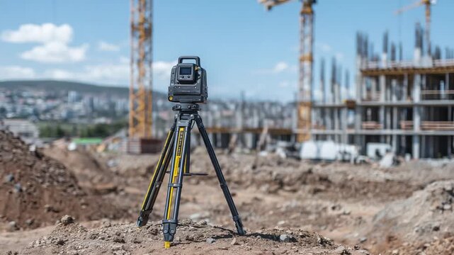 A 55Geodetic 3D scanner on a yellow tripod stands on a construction site, framed by cranes and concrete structures against a clear blue sky.