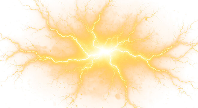 A bright yellow lightning strike exploding outwards with electric energy on a transparent background