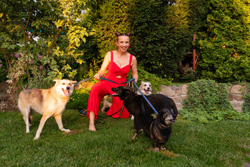 Woman kneels on grass holding four dogs on leashes in a garden with green plants and stone walls,...