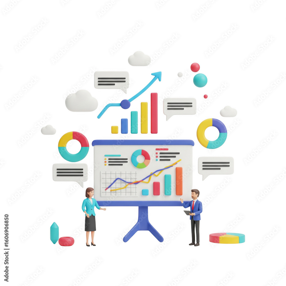 Poster 3d render of business presentation with growth chart on black background