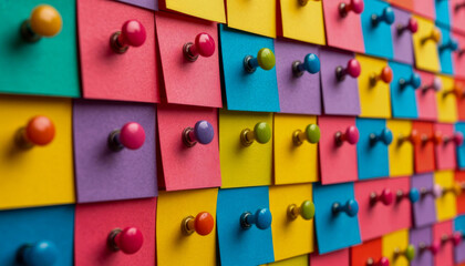 Bright pushpins with colorful sticky notes on a cork board create a vibrant and organized visual