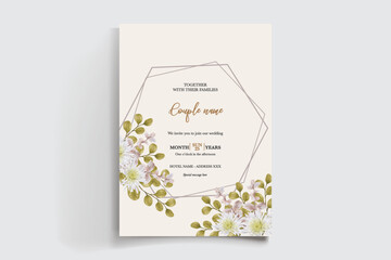 WEDDING INVITATION FRAME WITH FLOWER DECORATIONS AND FRESH LEAVES