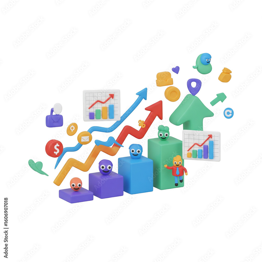 Poster stylized data visualization concept with upward trending arrows and characters