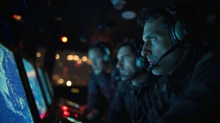 A nighttime scene on the bridge of a ship where the electronic chart display casts a soft blue glow highlighting the concentrated expressions of the crew as they monitor the charts
