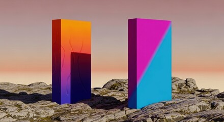 Two abstract colorful pillars stand on rocky terrain under a gradient sky