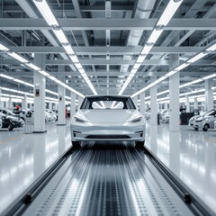 Obraz premium Electric Vehicle Assembly Line in High-Tech American Auto Factory – Photorealistic Manufacturing Scene