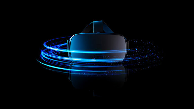 A futuristic virtual reality headset glows with swirling blue light trails and particles against a dark, reflective background, symbolizing immersive digital experiences and technological innovation