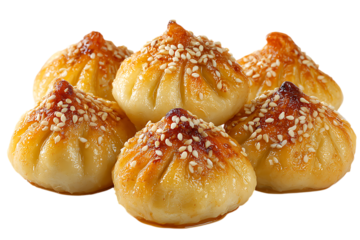 On transparent background a cluster of six golden brown baked pastries each topped with white sesame seeds are