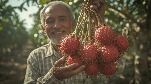 A smiling senior farmer proudly holds a large bunch of freshly harvested red rambutan in his orchard.