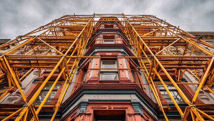 Detailed Front View Of Historic Building With Orange Scaffolding Set Up For Exterior Wall Restoration